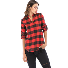 Muat gambar ke penampil Galeri, V Neck Long Sleeve Checkered Print Women Shirt