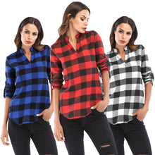 Muat gambar ke penampil Galeri, V Neck Long Sleeve Checkered Print Women Shirt