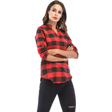 Muat gambar ke penampil Galeri, V Neck Long Sleeve Checkered Print Women Shirt