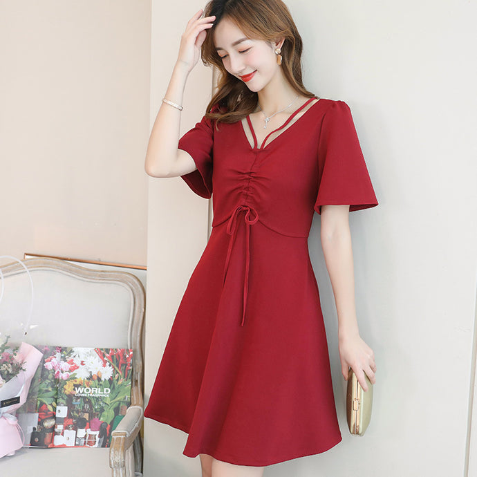 【DPS1688】L827RX-2020春夏新款韩版休闲显瘦女装修身时尚百搭纯色短袖连衣裙