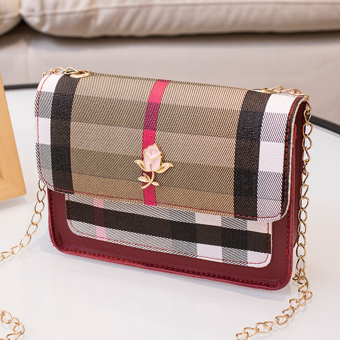 【DPS1688】519-女包2020新款玫瑰格纹撞色链条斜挎小方包时尚百搭手机包现货直销