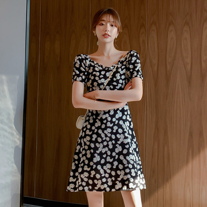 【DPS1688】L1446RX-2020一字肩小雏菊雪纺连衣裙韩版新款夏收腰显瘦气质碎花裙小个子裙子