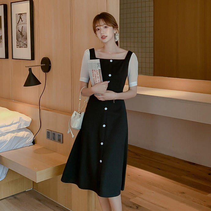 【DPS1688】L1466RX-法式复古收腰连衣裙2020夏季新款气质很仙的黑色中长款裙子一字领