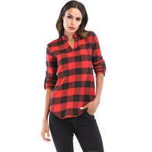 Muat gambar ke penampil Galeri, V Neck Long Sleeve Checkered Print Women Shirt
