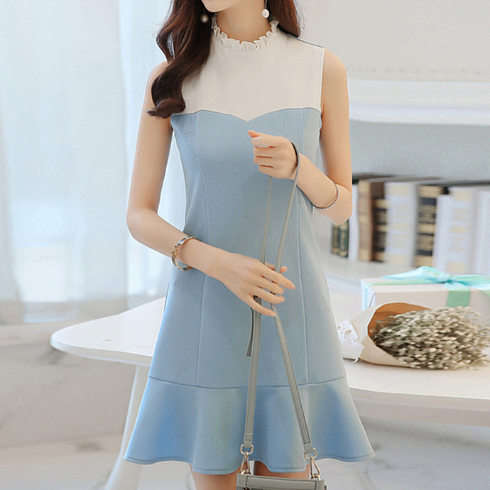 【DPS1688】W339Q-2020春夏新款韩版女装无袖拼接修身显瘦收腰荷叶边裙连衣裙